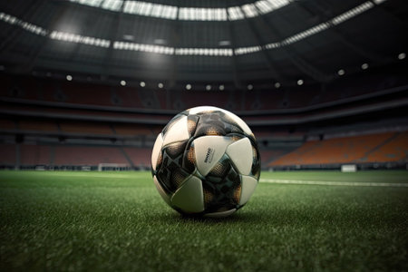 ball on the green field with soccer stadiumの素材