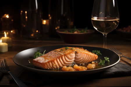 salmon steak on the dish with white wine on wood tableの素材