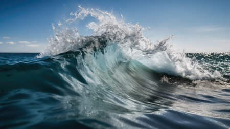 Blue breaking wave with clear waterの素材