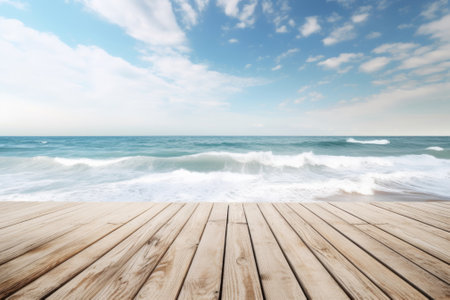 wooden board with sea backgroundの素材