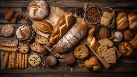 Top view of many kinds of bread on wood backgroundの素材