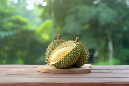 durian on wood background with green nature backgroundの素材