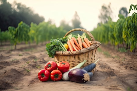 basket vegetables on ground with farm backgroundの素材