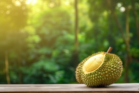 durian on wood background with green nature backgroundの素材