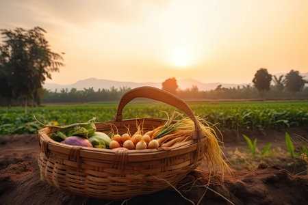 basket vegetables on ground with farm backgroundの素材