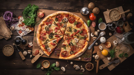 top view of pizza on wood backgroundの素材