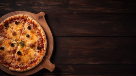 top view of pizza on wood backgroundの素材
