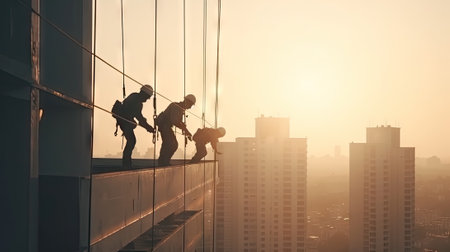 workers working at heights on buildingsの素材