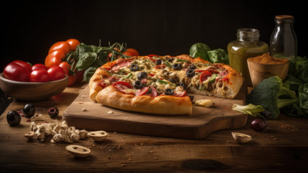 top view of pizza on wood backgroundの素材