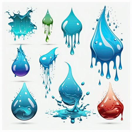 icon set of liquid water splashes falling aqua drops, vector illustration, white background, Made by AI,Artificial intelligenceの素材
