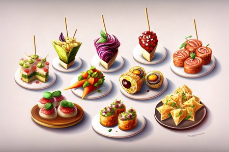 wedding catering food, mini canapes, tasty dessert, snacks and appetizers, Made by AI,Artificial intelligenceの素材