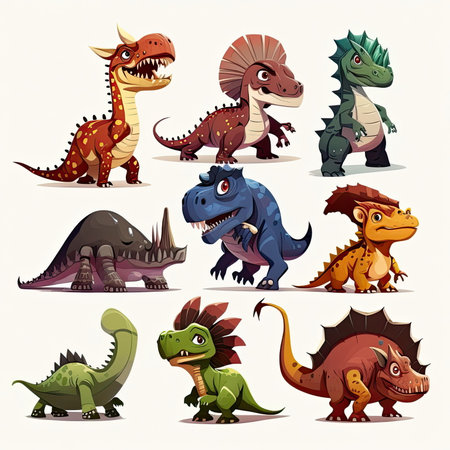 set of Dinosaurs cartoon, white background, Made by AI,Artificial intelligenceの素材