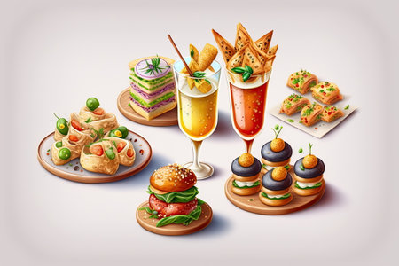 wedding catering food, mini canapes, tasty dessert, snacks and appetizers, Made by AI,Artificial intelligenceの素材