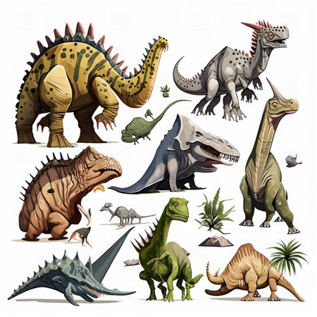 set of Dinosaurs, white background, Made by AI,Artificial intelligenceの素材