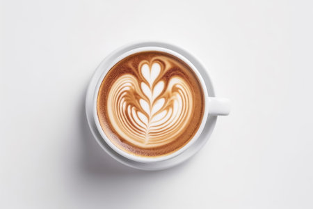 top view latte art coffee on white backgroundの素材
