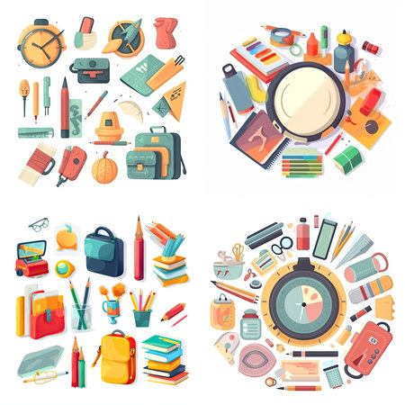 icon of cartoon school supplies, education, white backgroundの素材