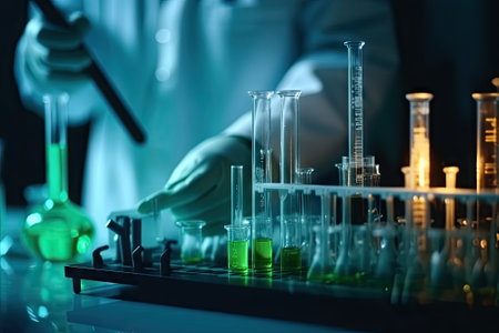 scientist work at Laboratory room, doctor, science research concept, test tube on blue backgroundの素材