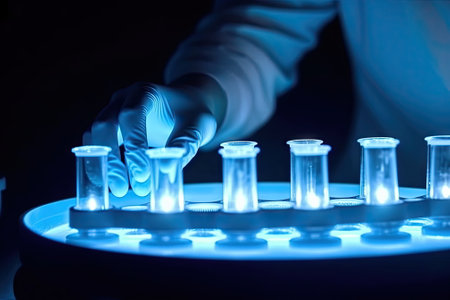 scientist work at Laboratory room, doctor, science research concept, test tube on blue backgroundの素材