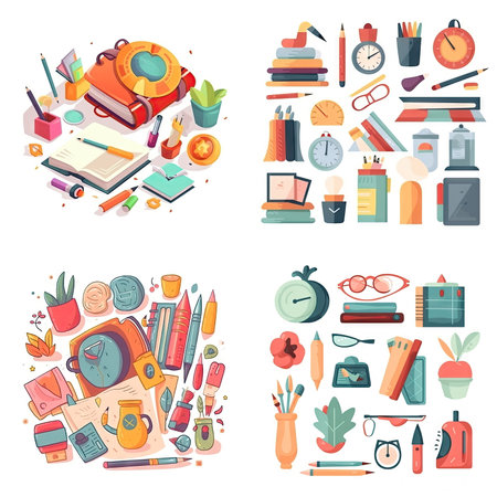 icon of cartoon school supplies, education, white backgroundの素材