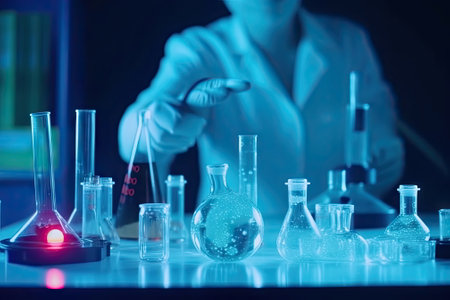 scientist work at Laboratory room, doctor, science research concept, test tube on blue backgroundの素材