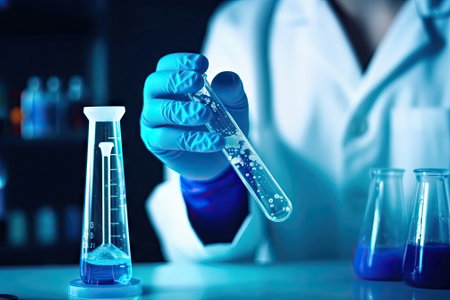 scientist work at Laboratory room, doctor, science research concept, test tube on blue backgroundの素材