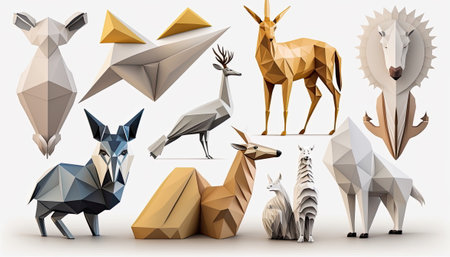 Set of Animals Origami, white background, Made by AI,Artificial intelligenceの素材