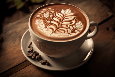 hot latte art coffee on wood table, relax time, Made by AI,Artificial intelligenceの素材