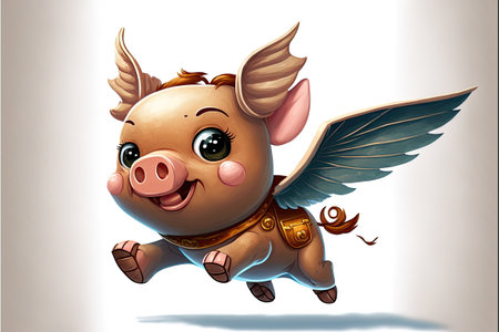 flying cartoon pig with white background, Made by AI,Artificial intelligenceの素材