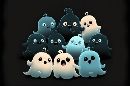 Bright ghosts, cute, black background, Made by AI,Artificial intelligenceの素材