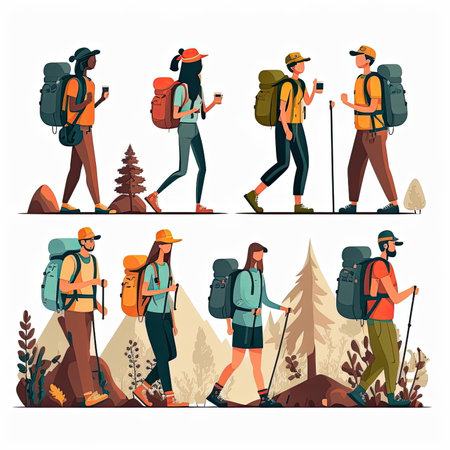 set of tourists, men and women backpackers, walking route, outdoors activity, Made by AI,Artificial intelligenceの素材