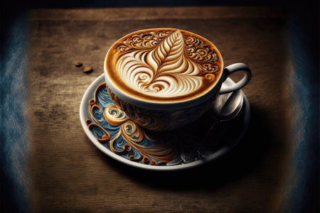 hot latte art coffee on wood table, relax time, Made by AI,Artificial intelligenceの素材