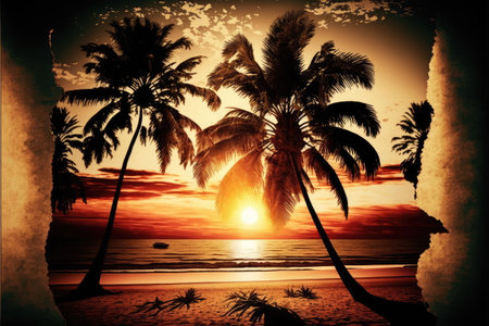 beach and sea, nice tropical beach with palms, beautiful sunset, Made by AI,Artificial intelligenceの素材