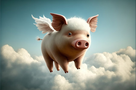 flying pig, cute with clouds background, Made by AI,Artificial intelligenceの素材