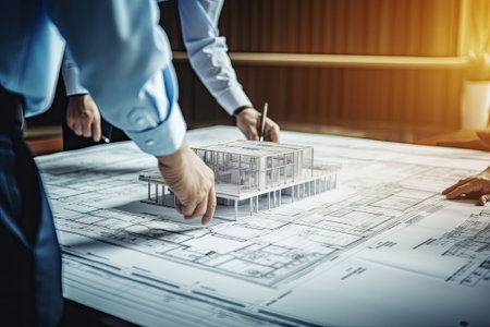 Hand drawing plan On blue print, team work, engineer meetingの素材