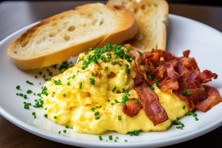 scrambled eggs with bacon and buttered toastの素材