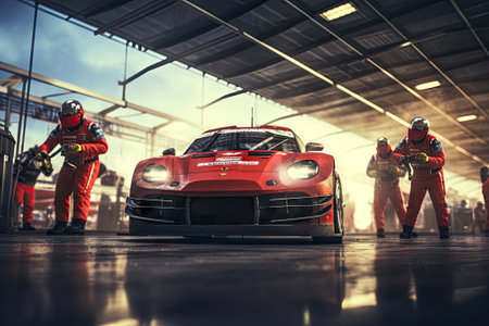 Professional pit crew, race car arrives in the pit, Motor sportsの素材