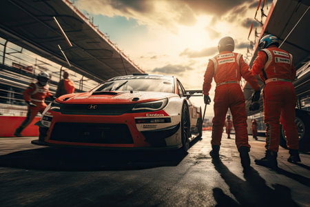 Professional pit crew, race car arrives in the pit, Motor sportsの素材