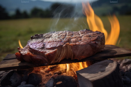 steak on fire with nature backgroundの素材