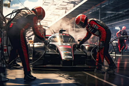 Professional pit crew, race car arrives in the pit, Motor sportsの素材