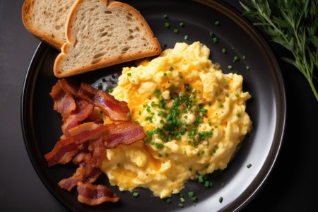 scrambled eggs with bacon and buttered toastの素材