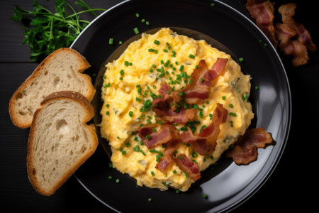 scrambled eggs with bacon and buttered toastの素材