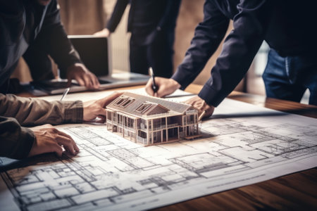 Hand drawing plan On blue print, team work, engineer meetingの素材