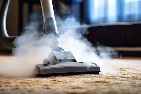Cleaning service concept, steam cleaner removes dirt from carpet in closeup plainの素材