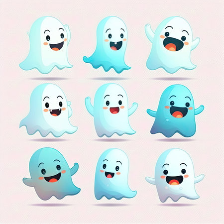 Collection of cute cartoon ghosts, happy and smile character white background, Made by AI,Artificial intelligenceの素材