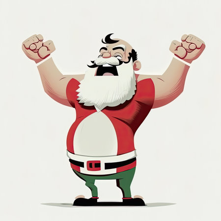character of santa cartoon in red shirt, raising hands, white background, Made by AI,Artificial intelligenceの素材