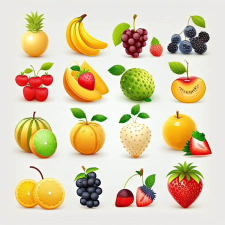 Fruits set, white background, vector illustration, Made by AI,Artificial intelligenceの素材