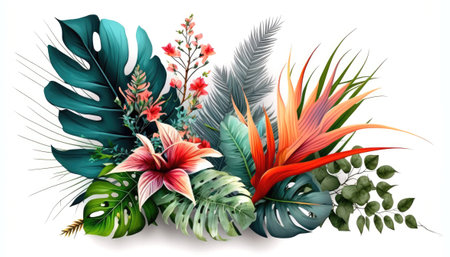 tropical plants floral on white background, green nature, vector illustration, Made by AI,Artificial intelligenceの素材