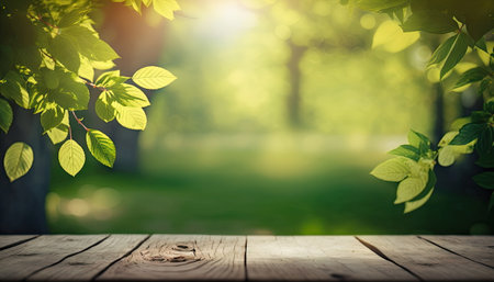 Beautiful spring background with green and empty wooden table, Natural template, space for textの素材