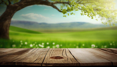 Beautiful spring background with green and empty wooden table, Natural template, space for textの素材