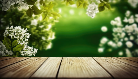 Beautiful spring background with green and empty wooden table, Natural template, space for textの素材